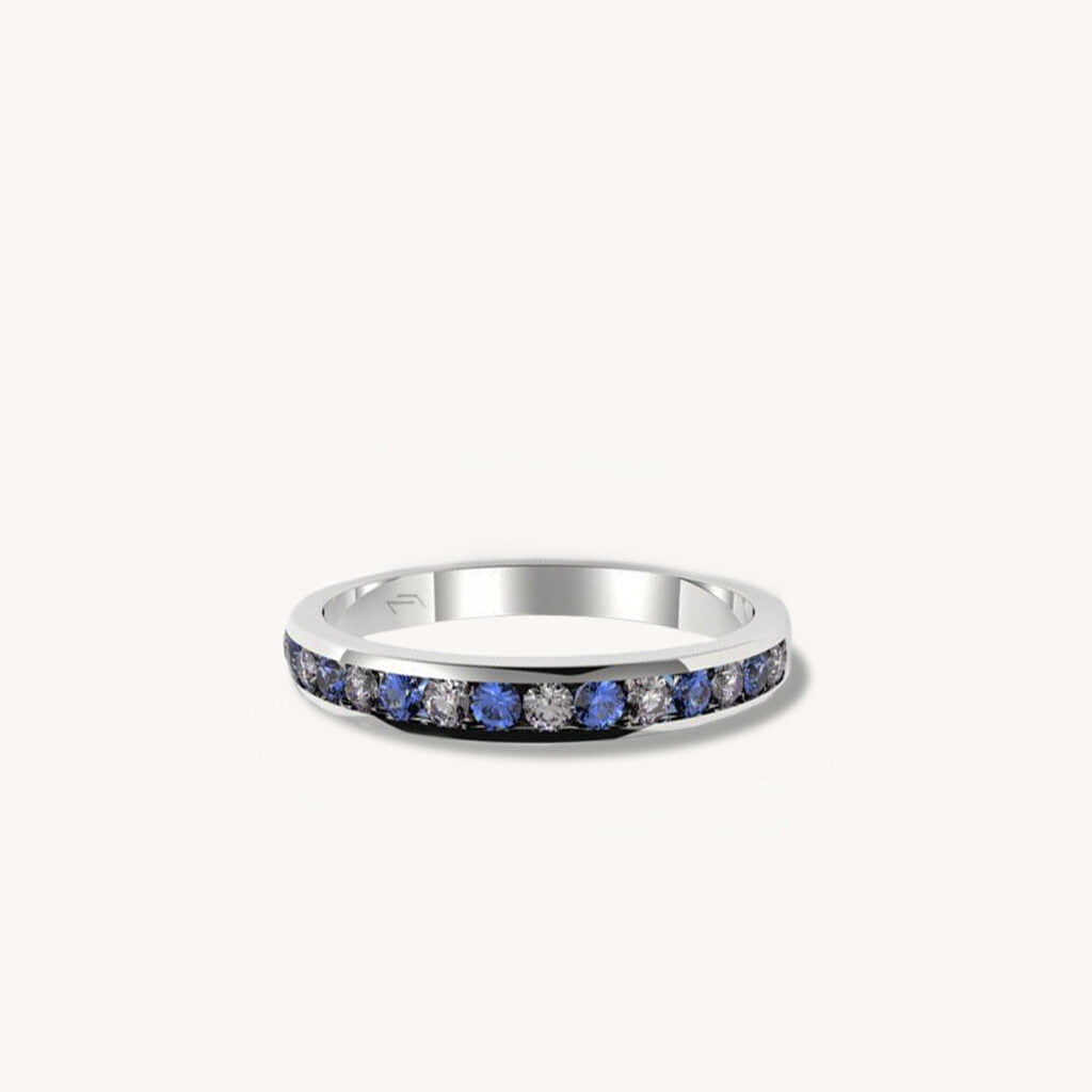 Channel Round Cut Diamond & Sapphire Ring