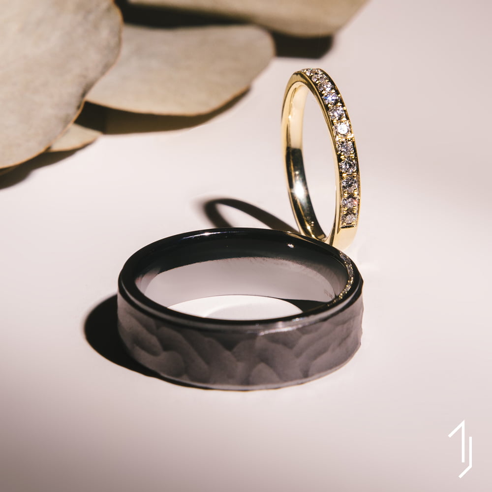 Tantalum Textured Ring+ Refined Sharp-Edge Pave Ring