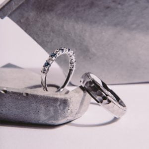 Floating Diamond & Sapphire Ring + Hammered Band