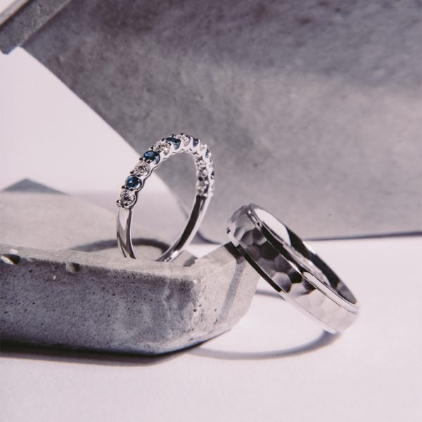 Floating Diamond & Sapphire Ring + Hammered Band