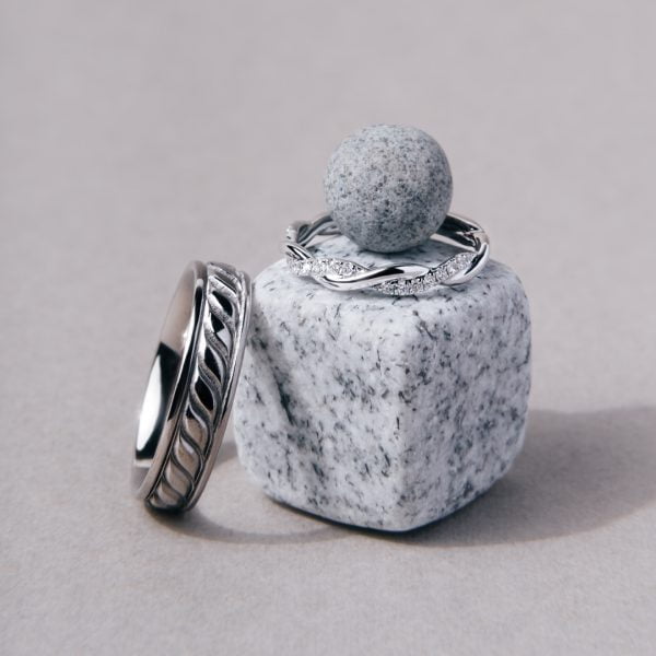 Classic Twisted Band with Diamonds + Jute Twine Titanium Ring