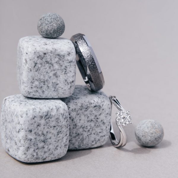 Cluster Twirl Halo Diamond Ring + Tantalus Dust Tantalum Ring