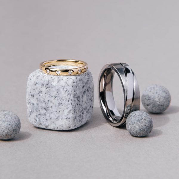Graceful Eternity Flush Ring + Dual Tone Diagonal Slit Titanium Ring