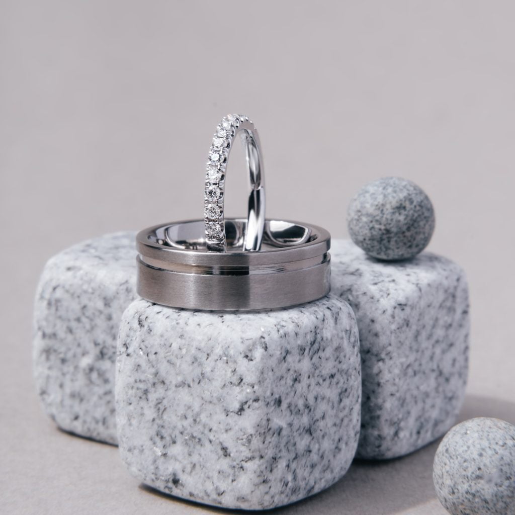 Dazzling Pave Set Diamond Wedding Band (2.00mm) + Sleek Slit Titanium Ring