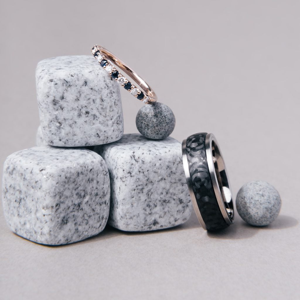 Floating Diamond and Sapphire Band + Titan Black Beveled Carbon Titanium Ring