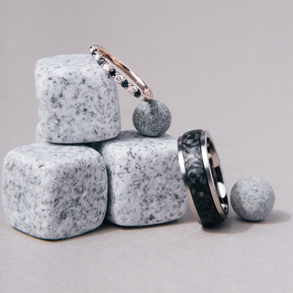 Floating Diamond and Sapphire Band + Titan Black Beveled Titanium and Carbon Ring
