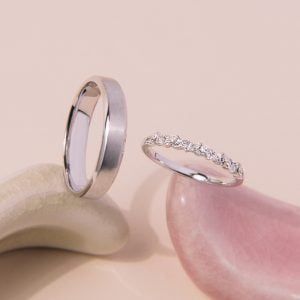 Textured Finished Beveled Edge Ring + Petals Dot Diamond Wedding Band