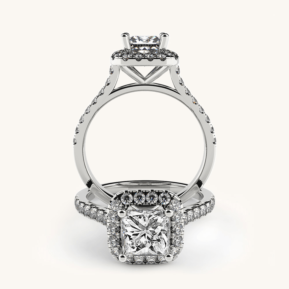 Princess Diamond Halo Ring with Side Diamonds