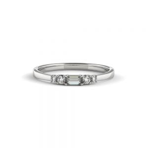Textured Finished Beveled Edge Ring with Baguette Diamond + 5-Diamond Baguette Round Band