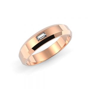 Textured Finished Beveled Edge Ring with Baguette Diamond + 5-Diamond Baguette Round Band