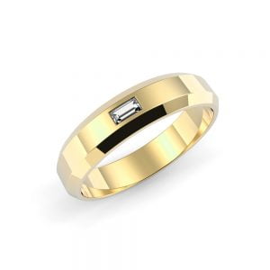 Textured Finished Beveled Edge Ring with Baguette Diamond + 5-Diamond Baguette Round Band