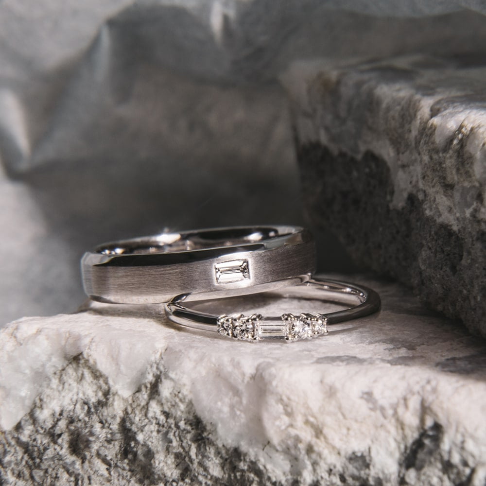 Textured Finished Beveled Edge Ring with Baguette Diamond + 5-Diamond Baguette Round Band